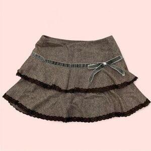 Brown Tweed Ruffle Skirt with Bow